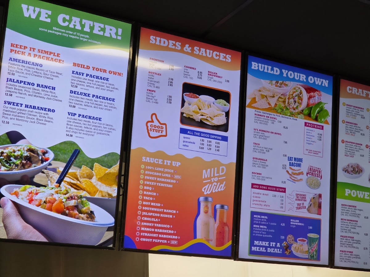Hot Head Burritos menu board