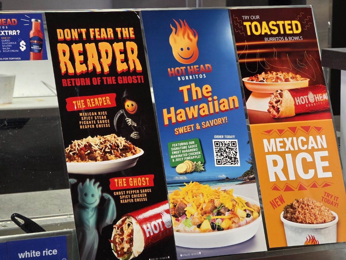Hot Head Burritos menu board