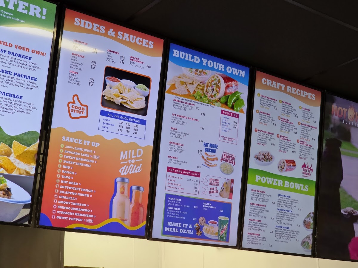 Hot Head Burritos menu board