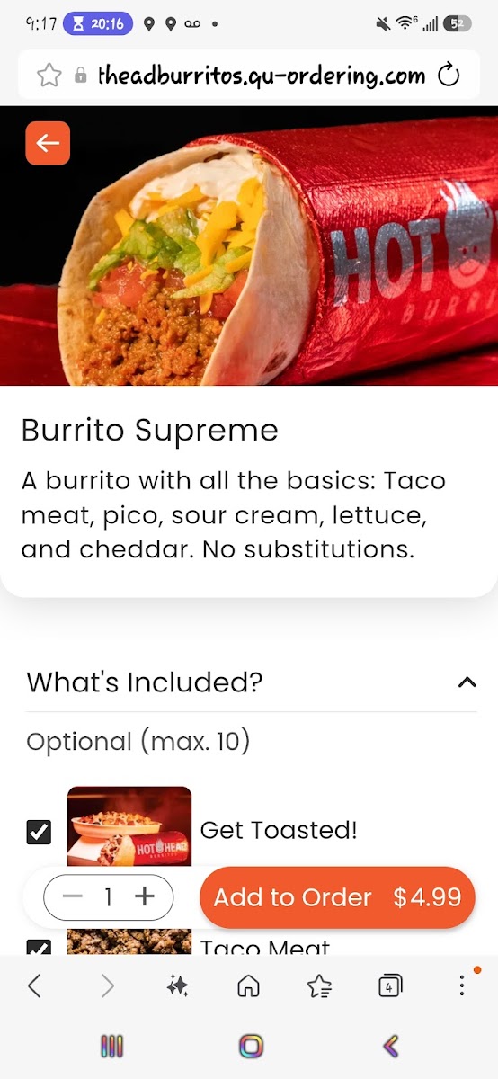 Hot Head Burritos menu board