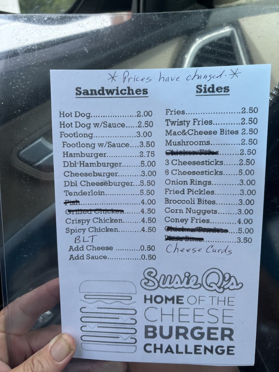 Susie Q's Dairy Bar. menu board