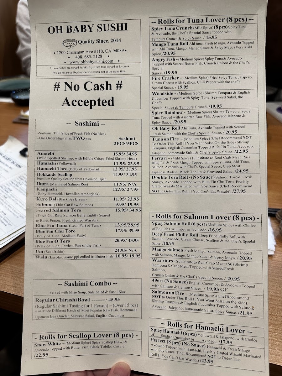 Oh Baby Sushi - Sunnyvale menu board