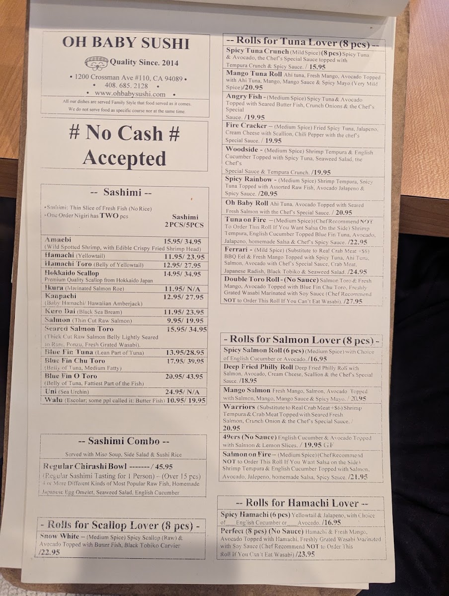 Oh Baby Sushi - Sunnyvale menu board