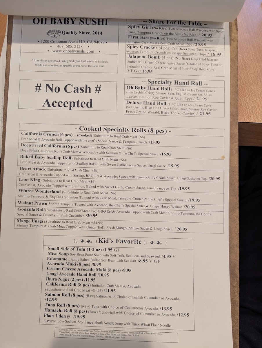 Oh Baby Sushi - Sunnyvale menu board
