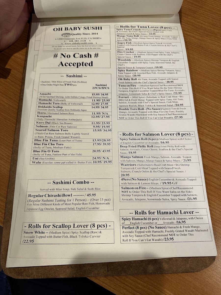 Oh Baby Sushi - Sunnyvale menu board