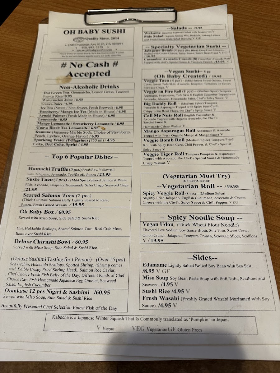 Oh Baby Sushi - Sunnyvale menu board