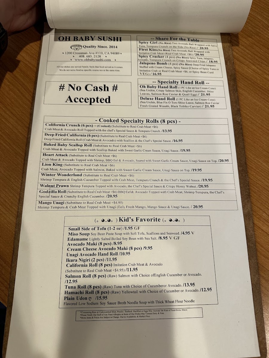Oh Baby Sushi - Sunnyvale menu board
