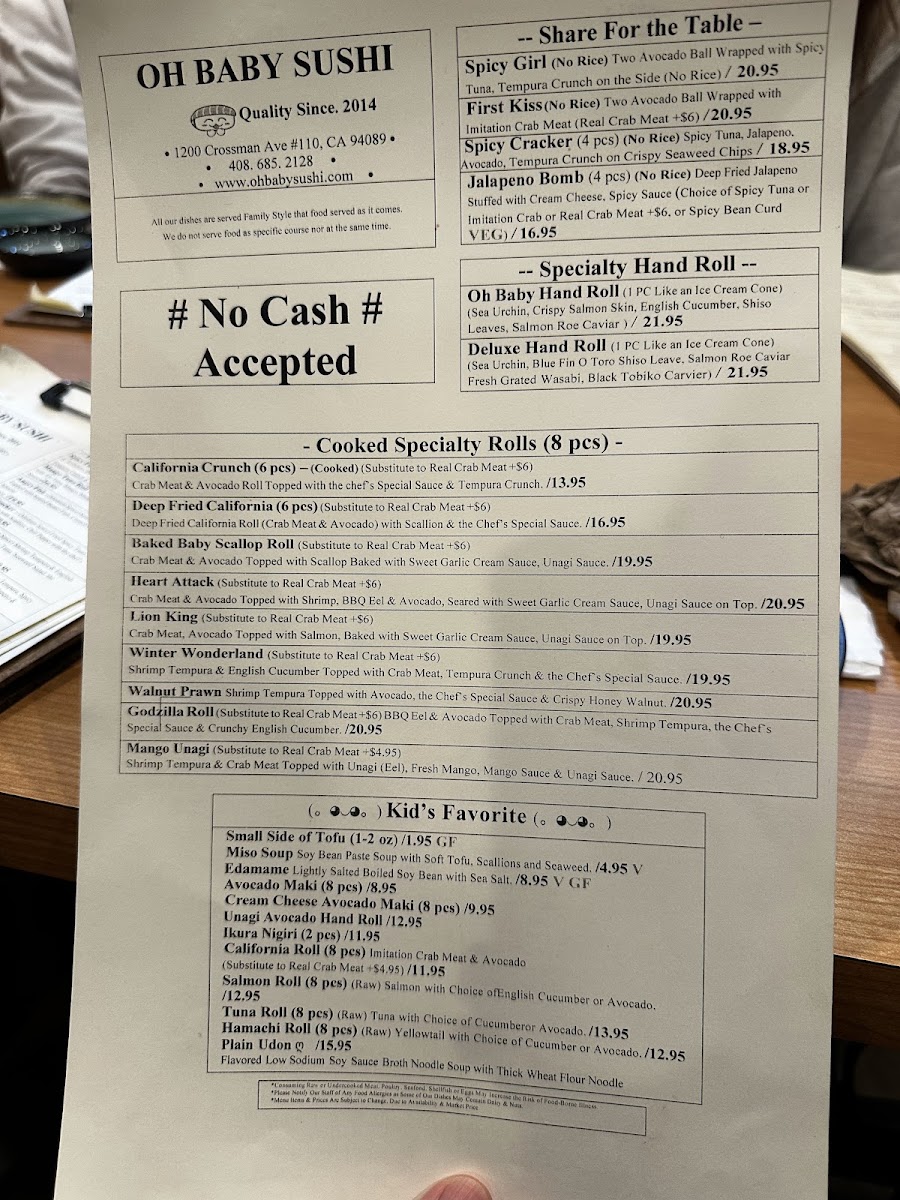 Oh Baby Sushi - Sunnyvale menu board