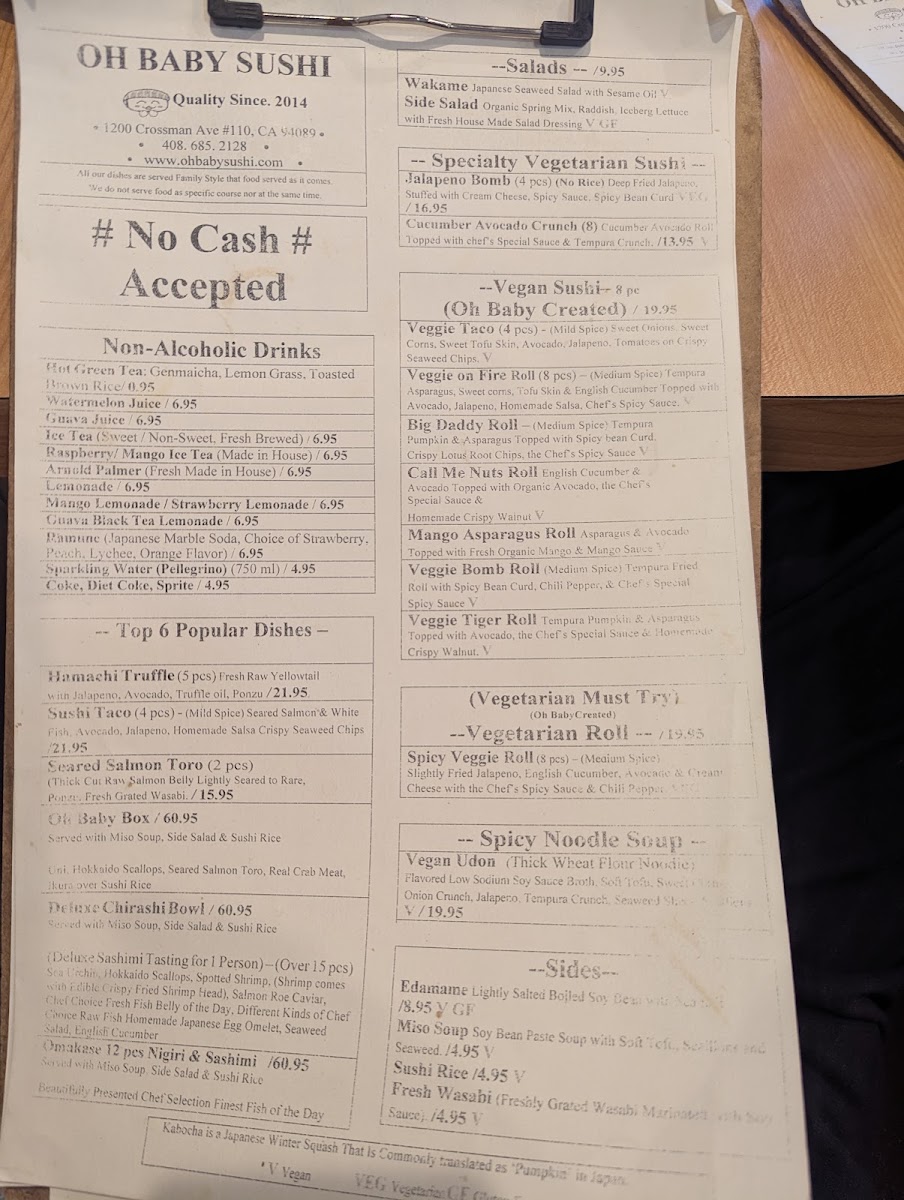 Oh Baby Sushi - Sunnyvale menu board