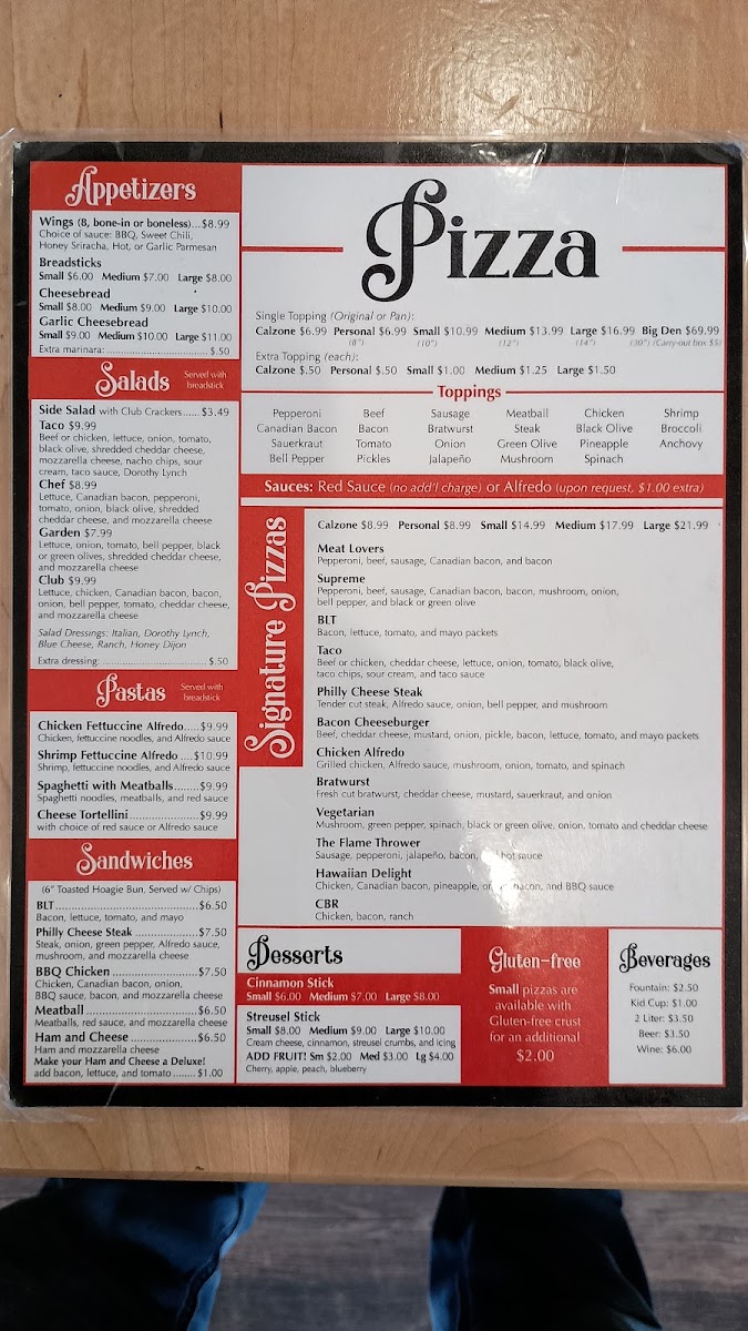 Pizza Den menu board