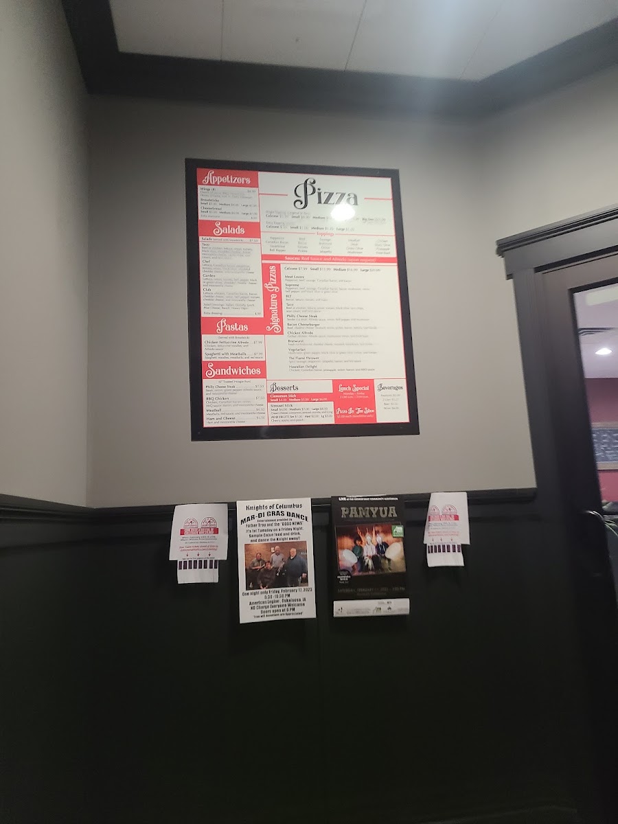 Pizza Den menu board