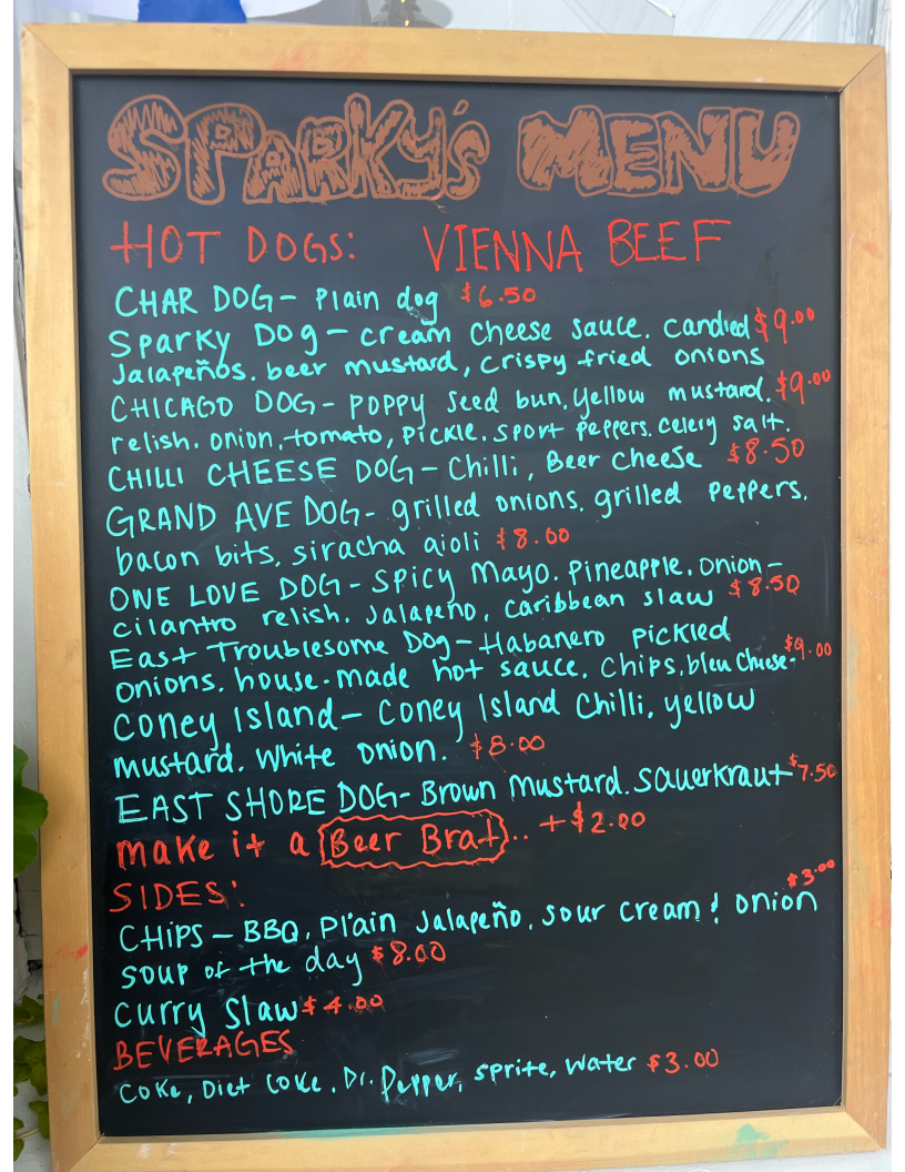 Sparky's Snack Shack menu board