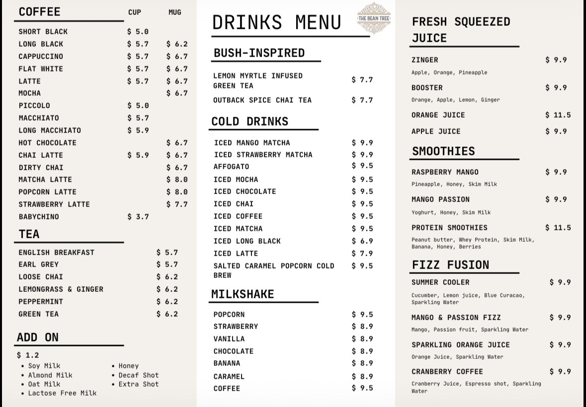 The Bean Tree Cafe ASP menu board