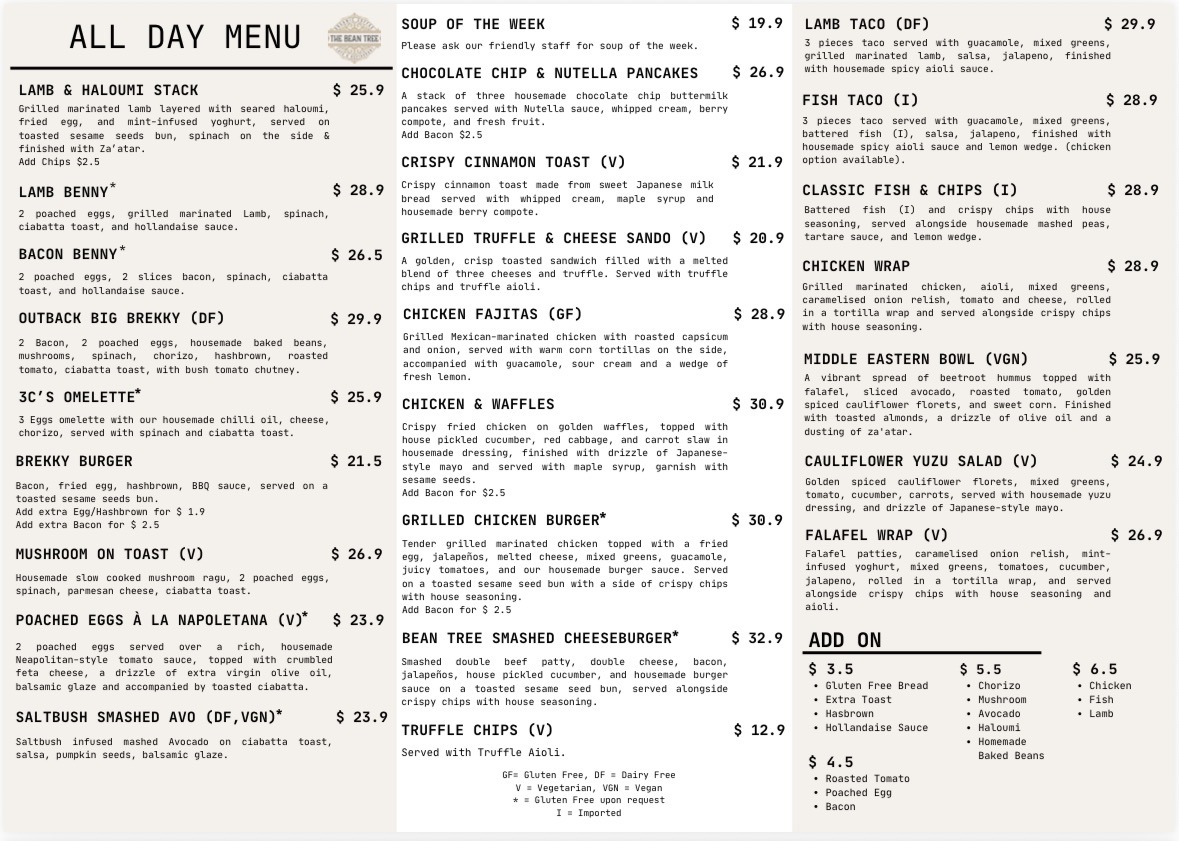 The Bean Tree Cafe ASP menu board