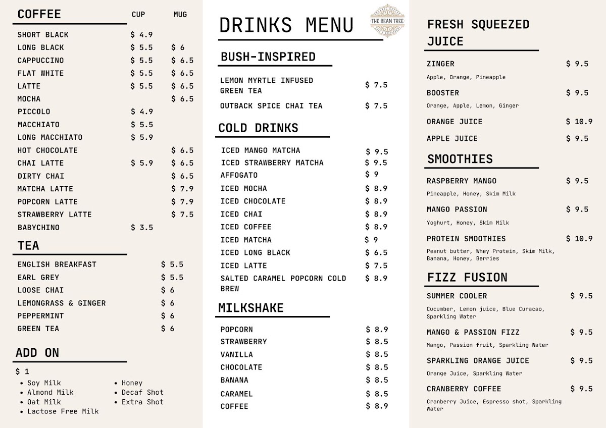 The Bean Tree Cafe ASP menu board