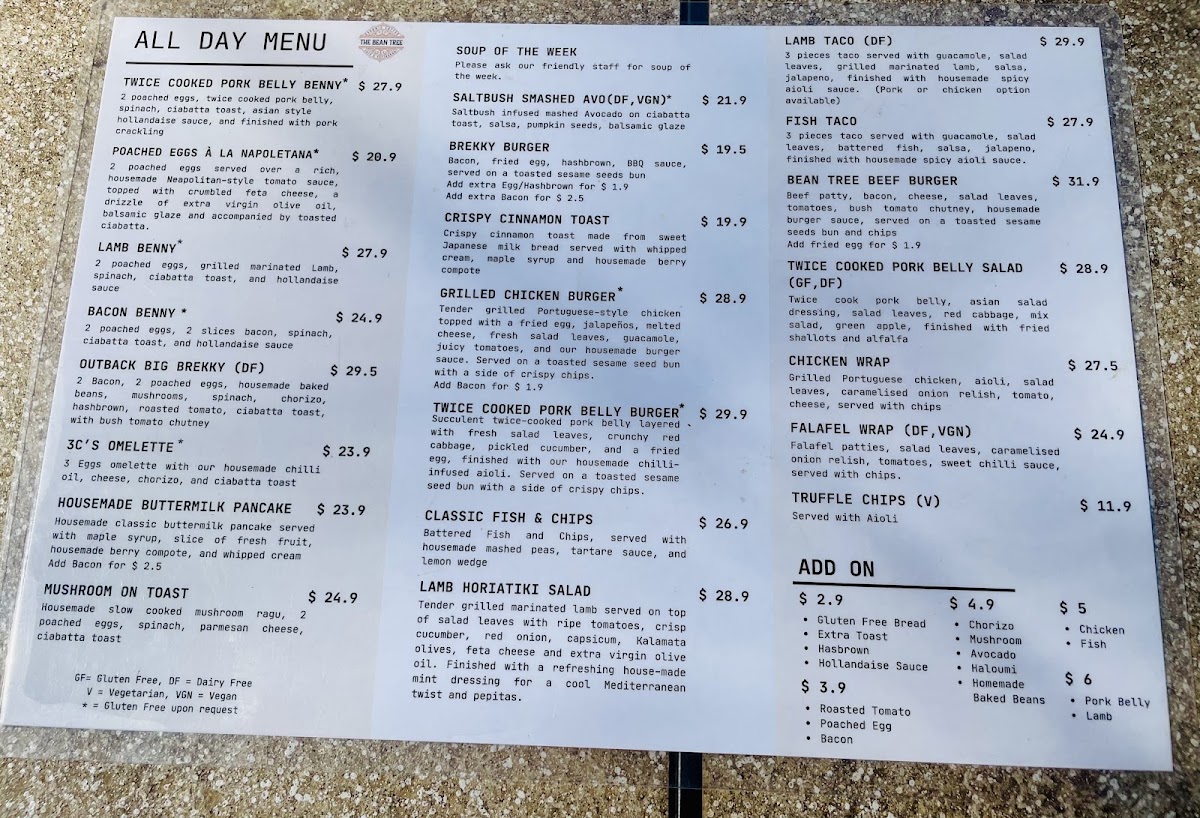 The Bean Tree Cafe ASP menu board