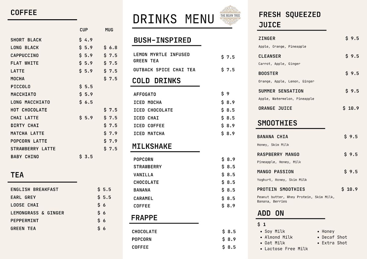 The Bean Tree Cafe ASP menu board
