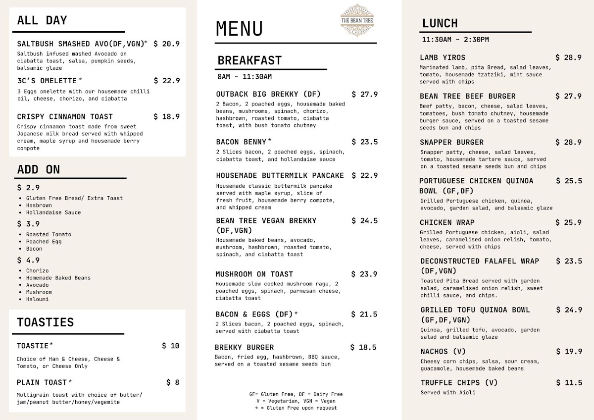 The Bean Tree Cafe ASP menu board