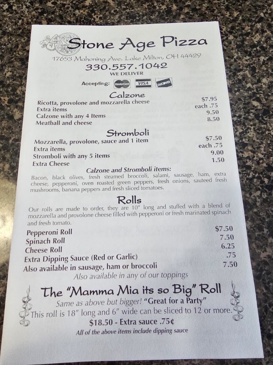 Stone Age Pizza menu board