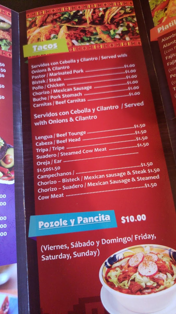 Doña Maria Restaurant menu board