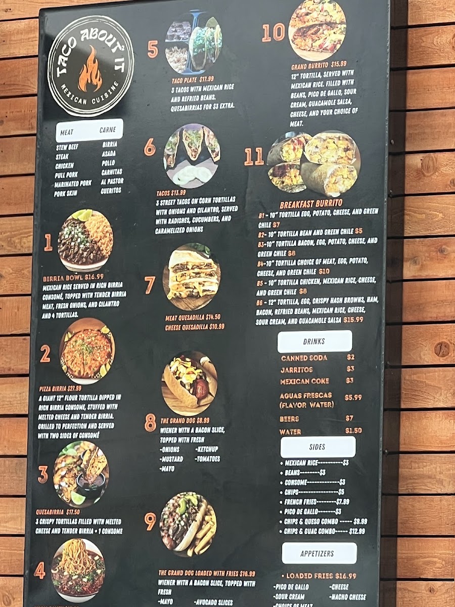 Taco About It menu board