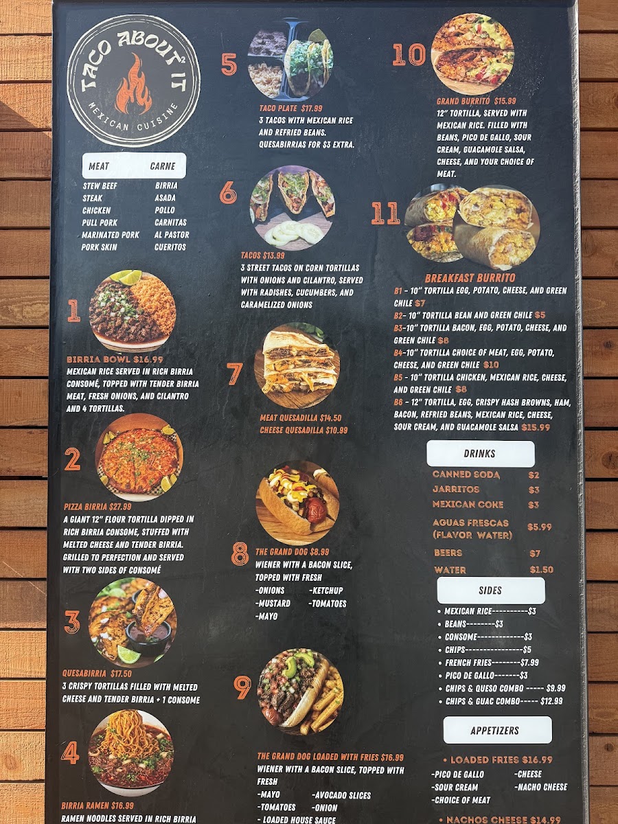 Taco About It menu board