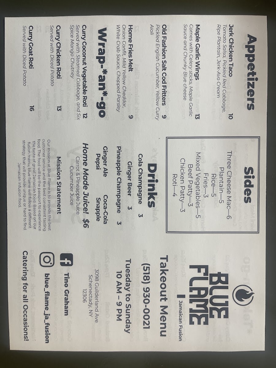 Blue flame Jamaican fusion menu board