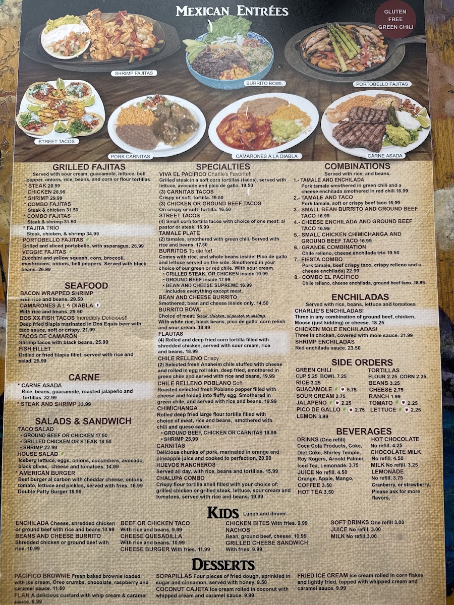 Charlie's Sports Bar & Grill menu board