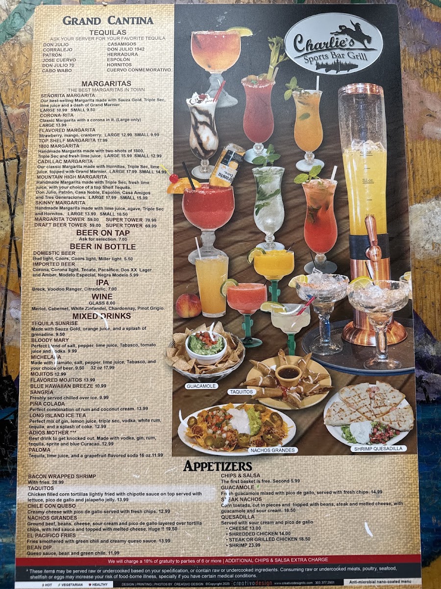 Charlie's Sports Bar & Grill menu board
