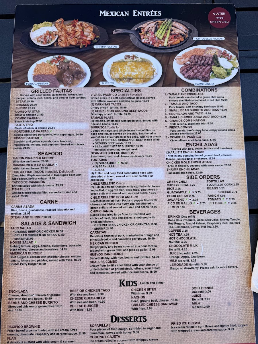 Charlie's Sports Bar & Grill menu board
