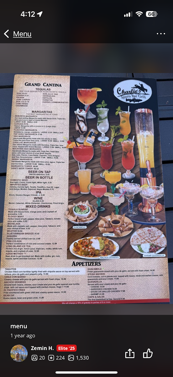 Charlie's Sports Bar & Grill menu board