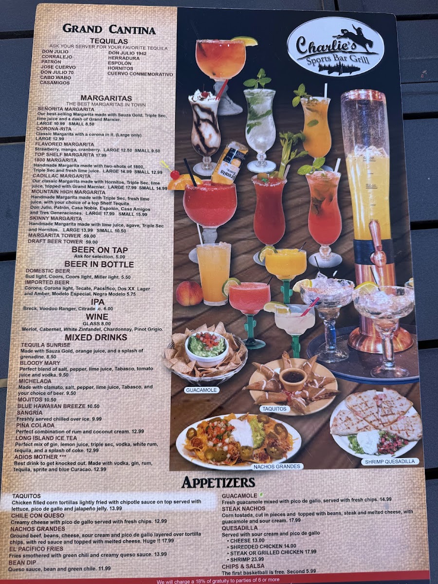 Charlie's Sports Bar & Grill menu board