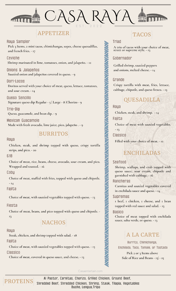 Casa Raya Mexican Restaurant & Taqueria menu board