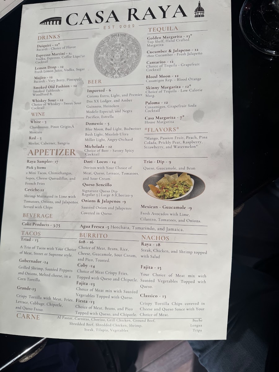 Casa Raya Mexican Restaurant & Taqueria menu board