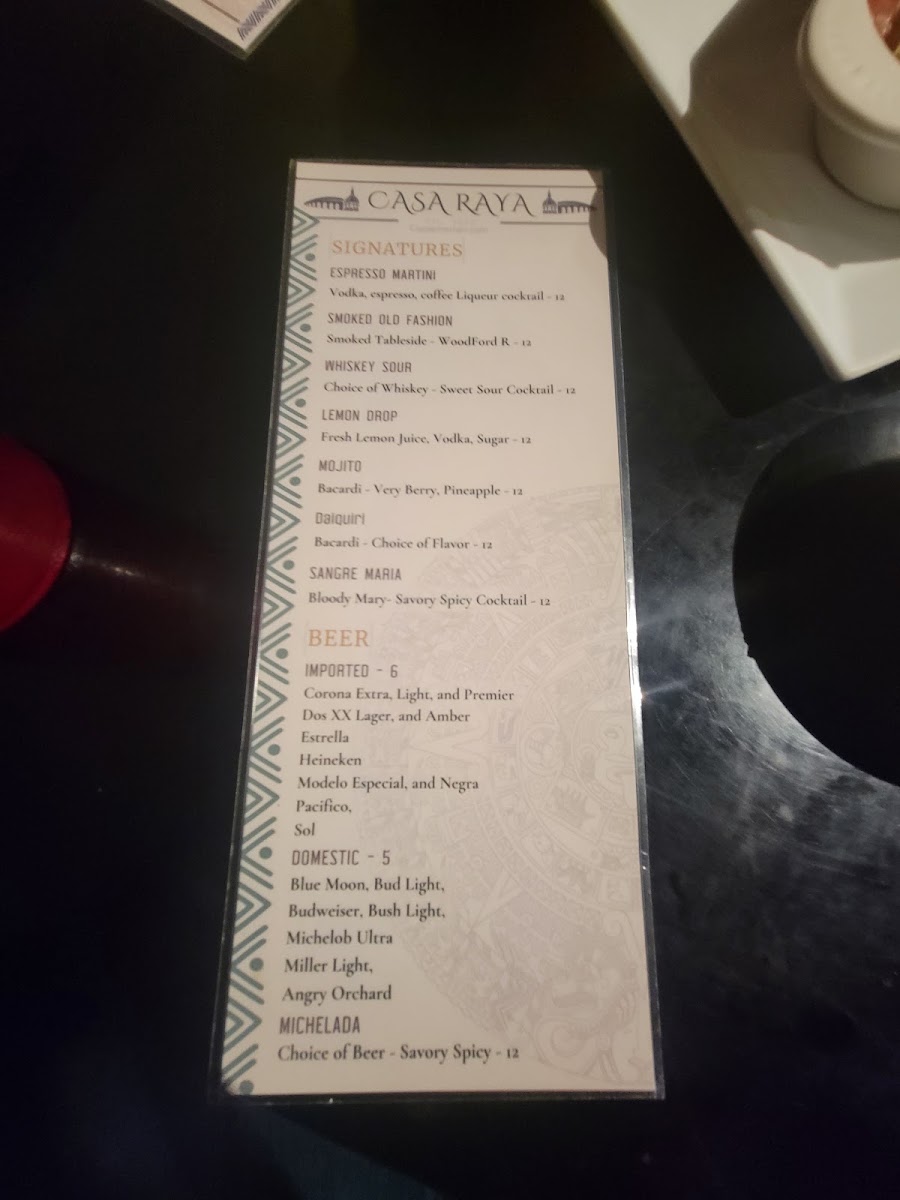 Casa Raya Mexican Restaurant & Taqueria menu board