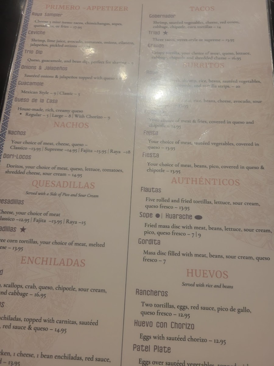 Casa Raya Mexican Restaurant & Taqueria menu board