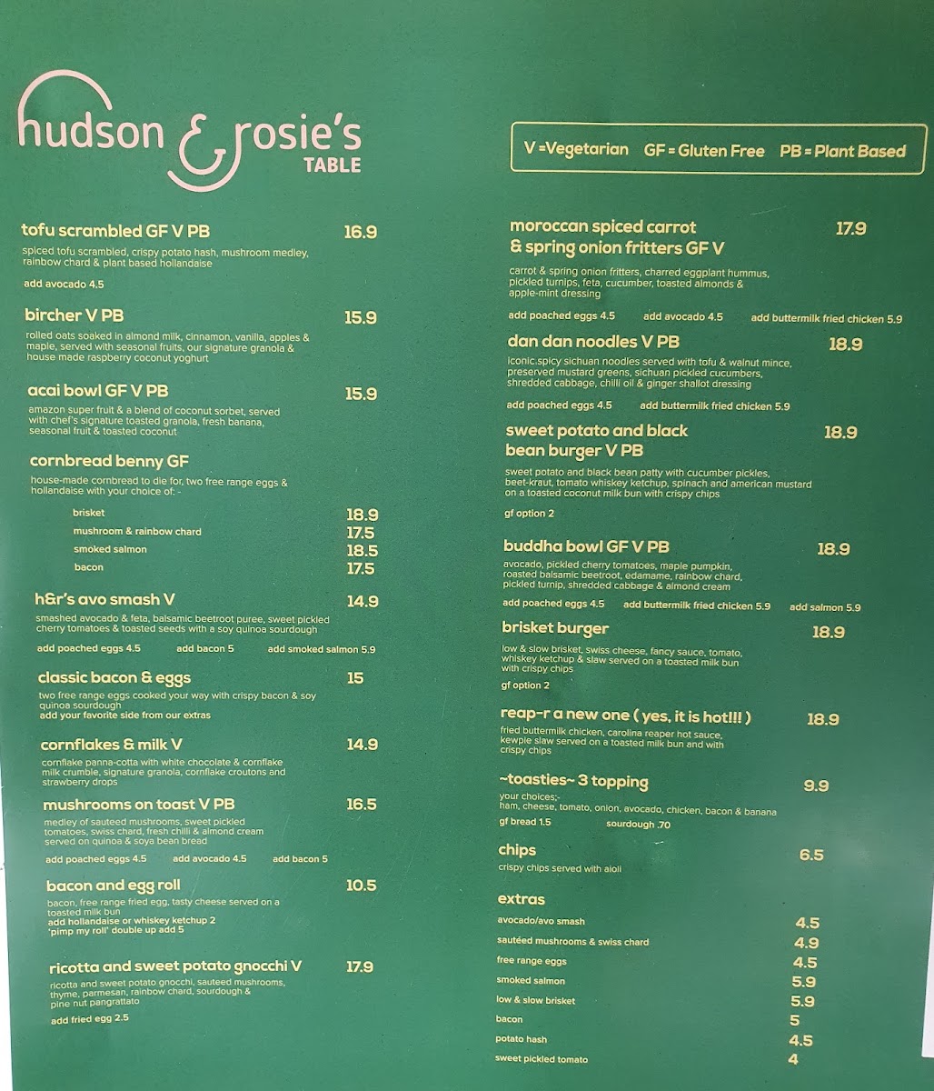 Hudson & Rosie's Table menu board