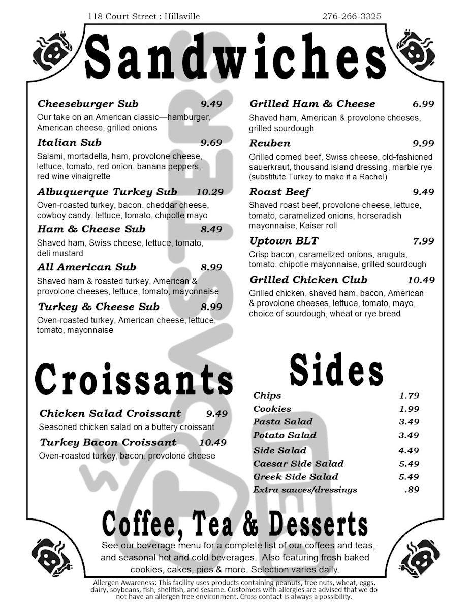 Toasters Deli menu board