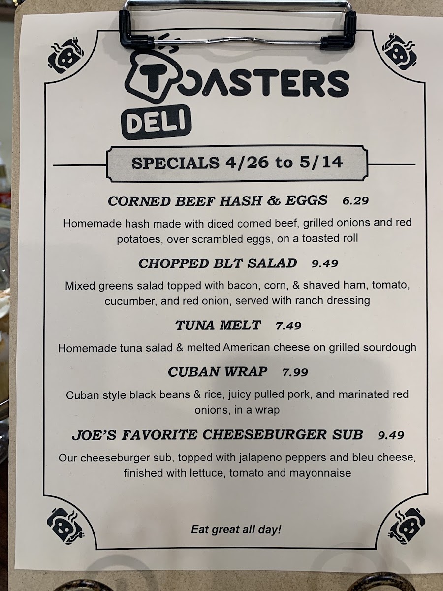 Toasters Deli menu board