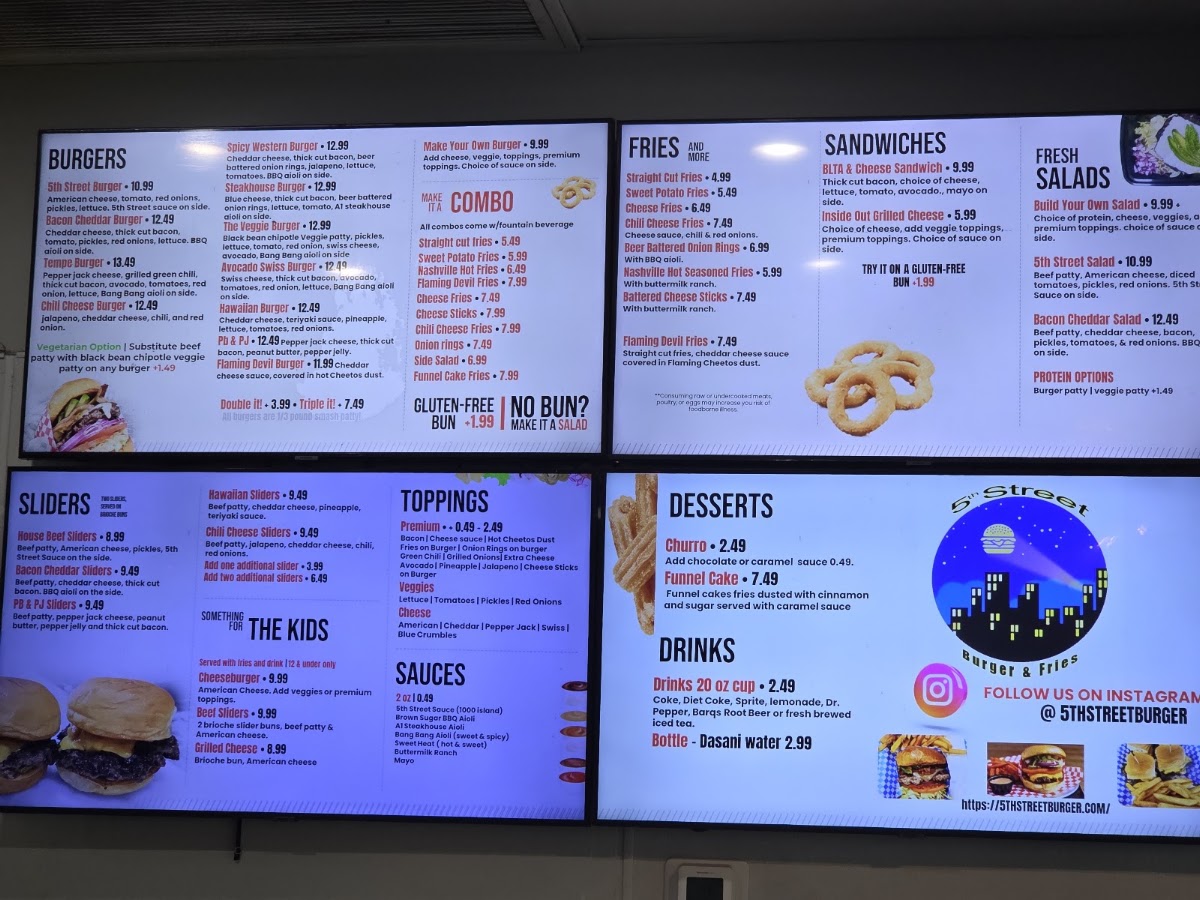5th Street Burger & Fries menu board