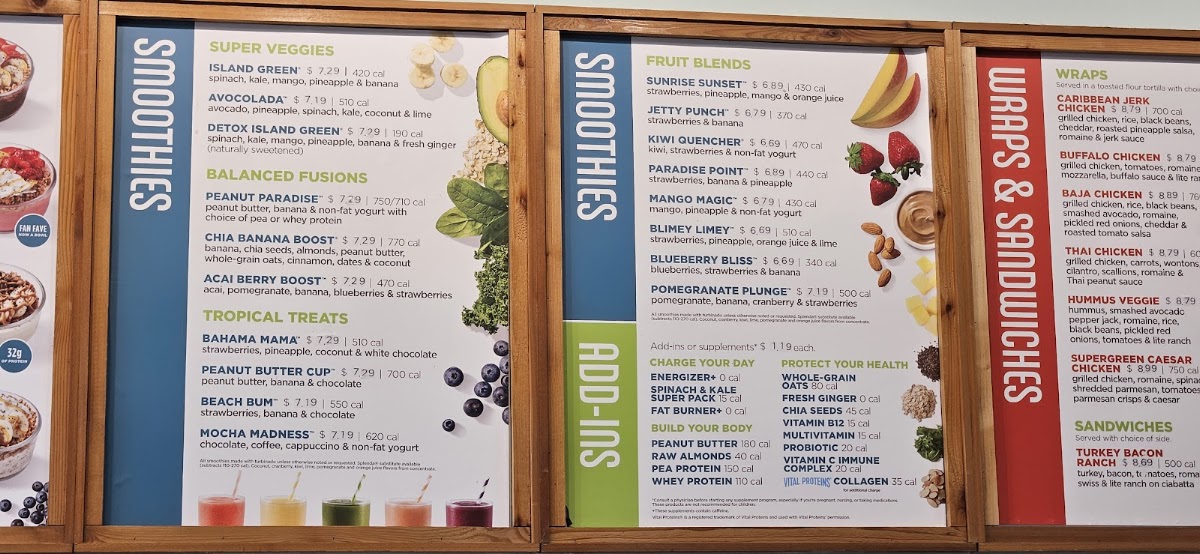 Tropical Smoothie Cafe menu board