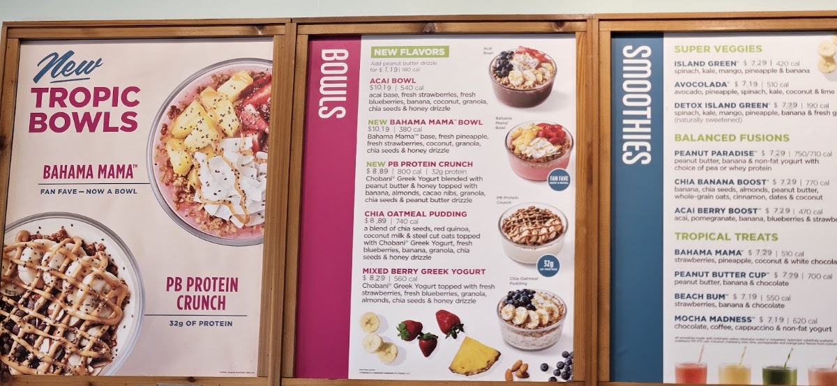 Tropical Smoothie Cafe menu board
