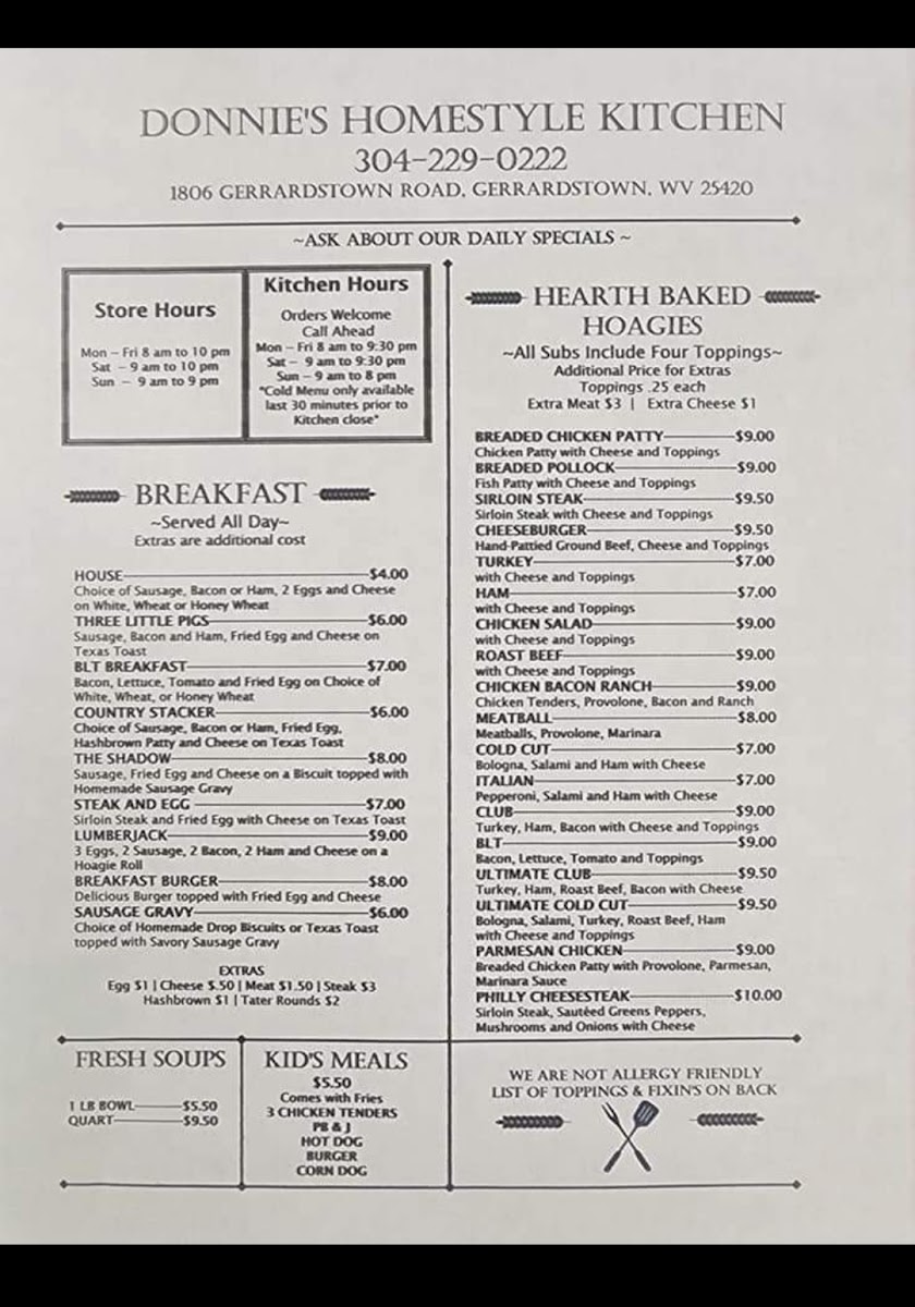Tracy's corner grocery/Donnie's homestyle kitchen menu board