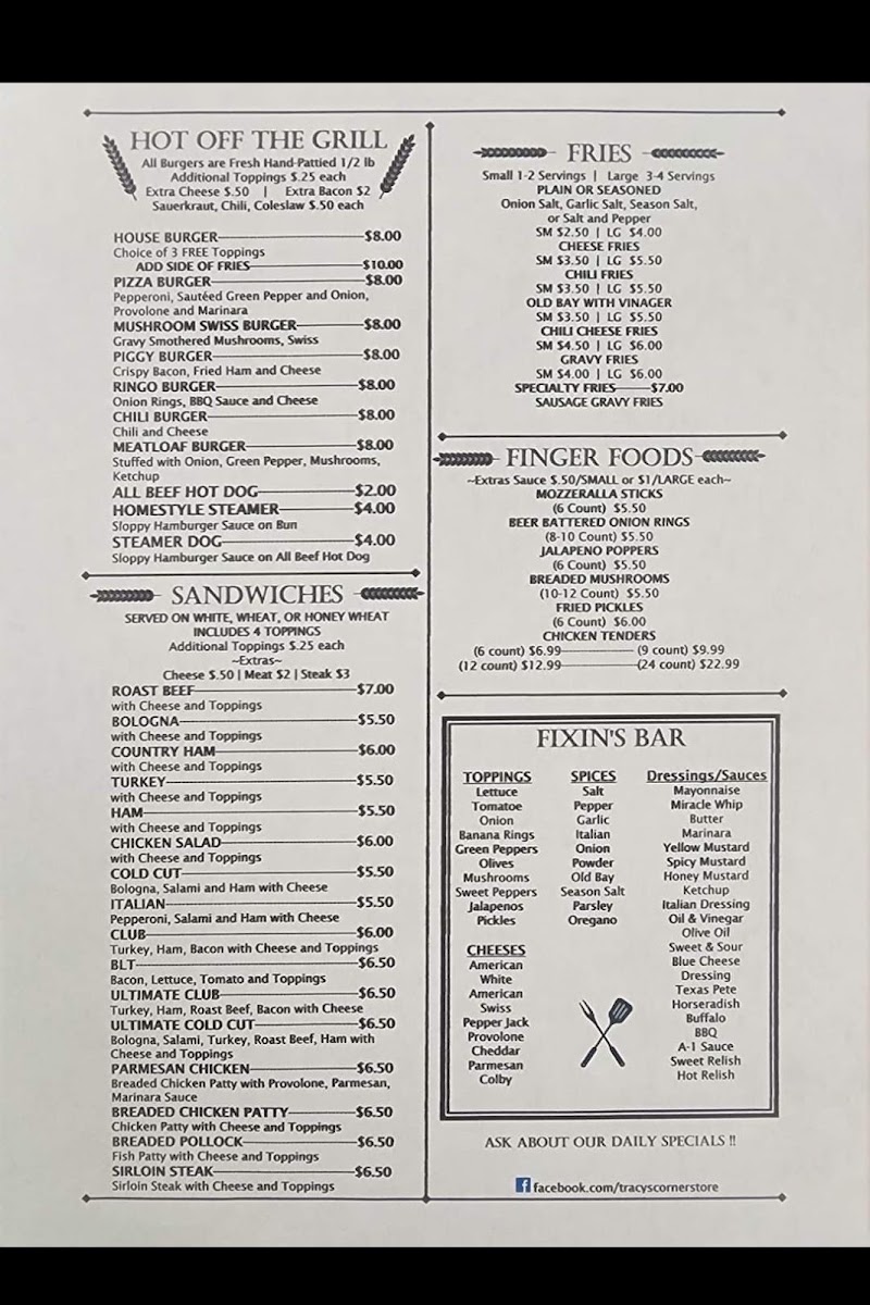 Tracy's corner grocery/Donnie's homestyle kitchen menu board