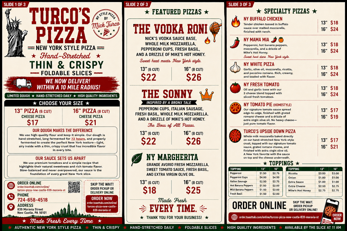 Turco's Pizza menu board