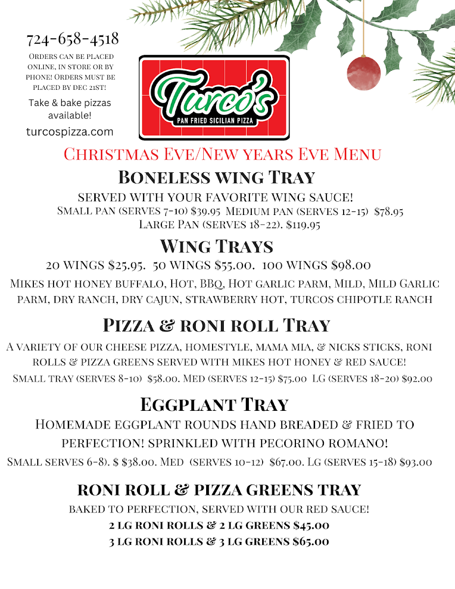 Turco's Pizza menu board