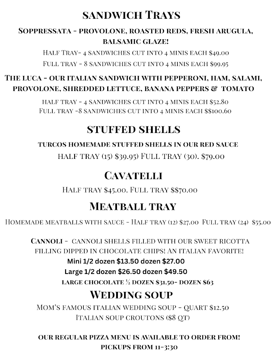 Turco's Pizza menu board
