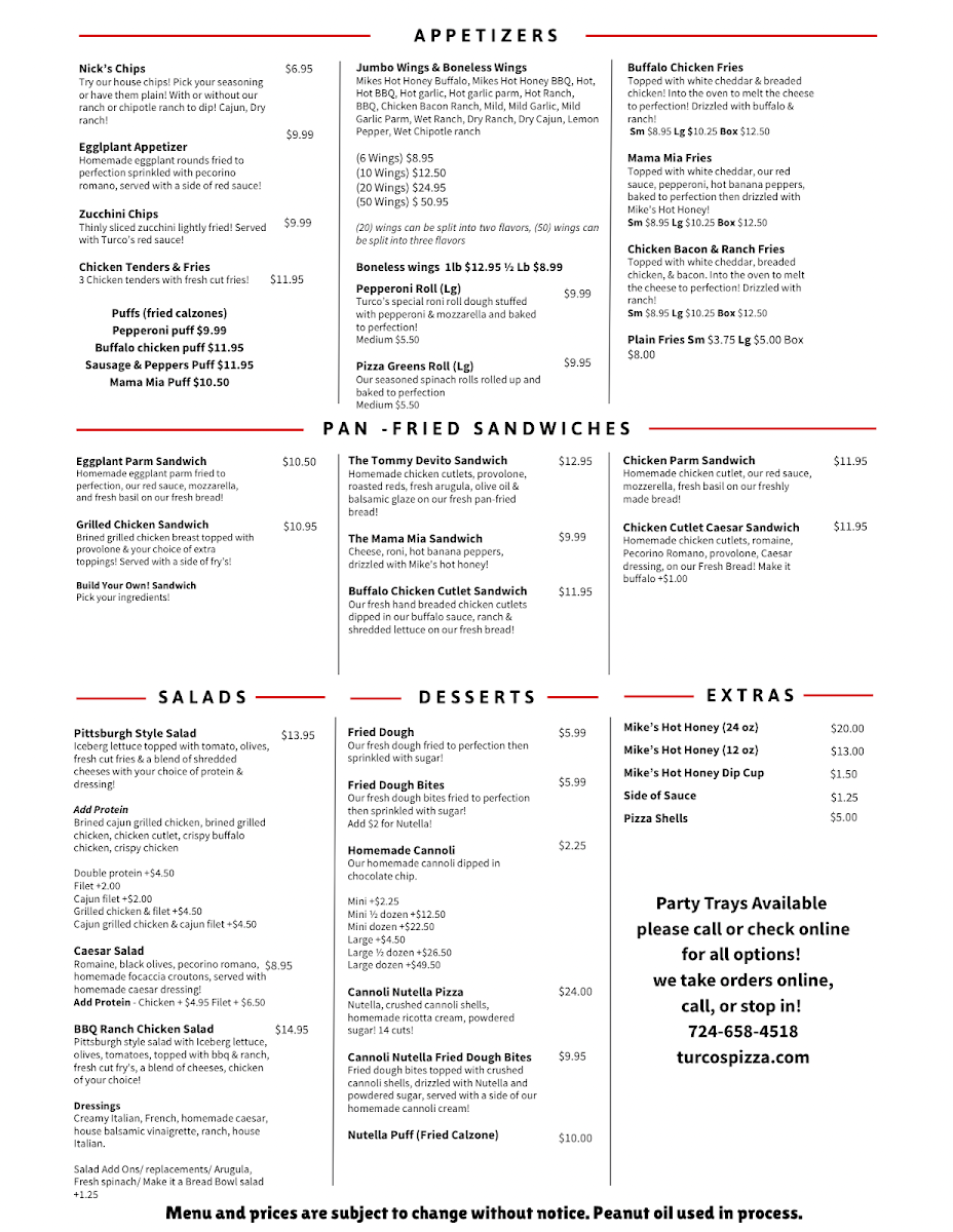 Turco's Pizza menu board