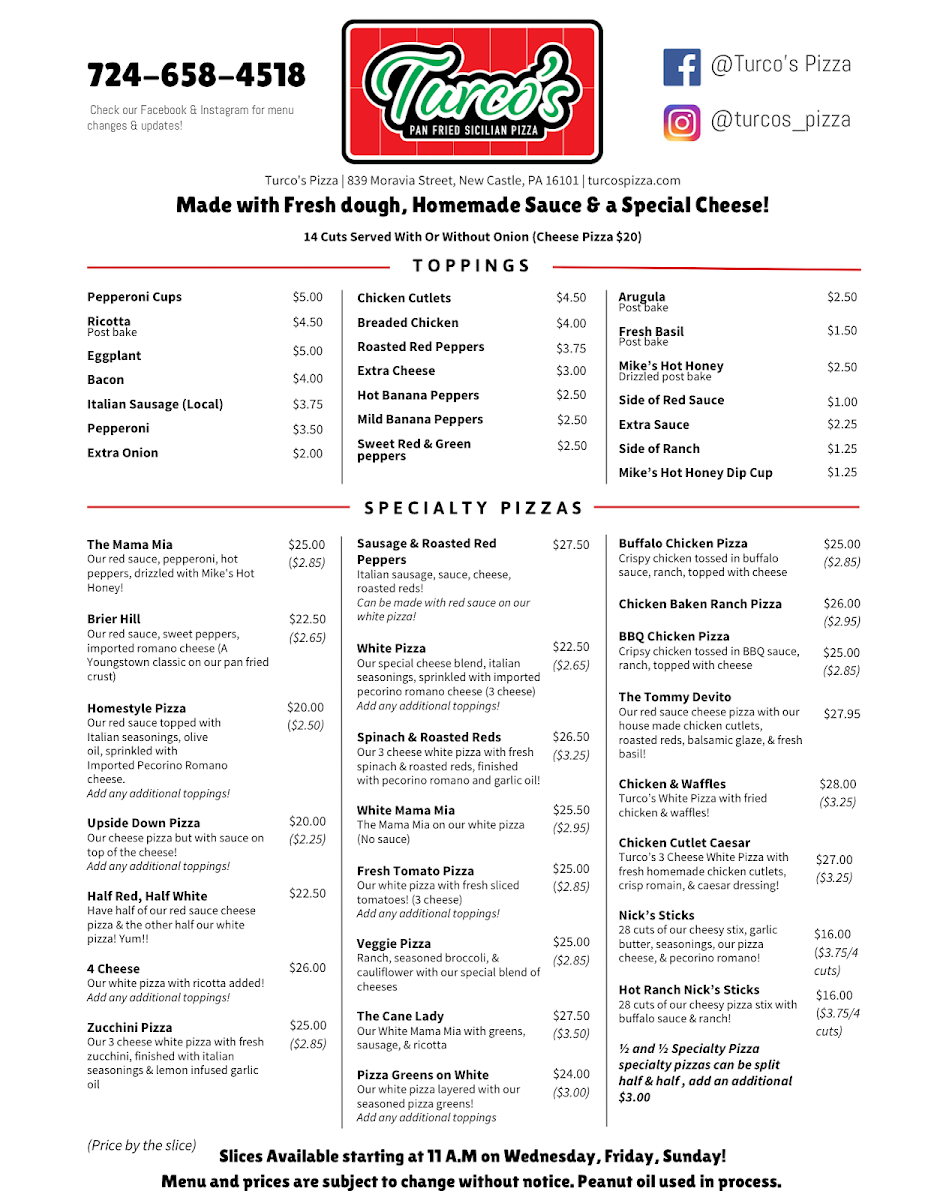 Turco's Pizza menu board