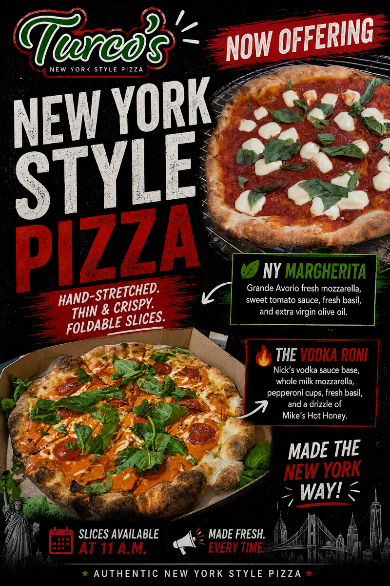 Turco's Pizza menu board